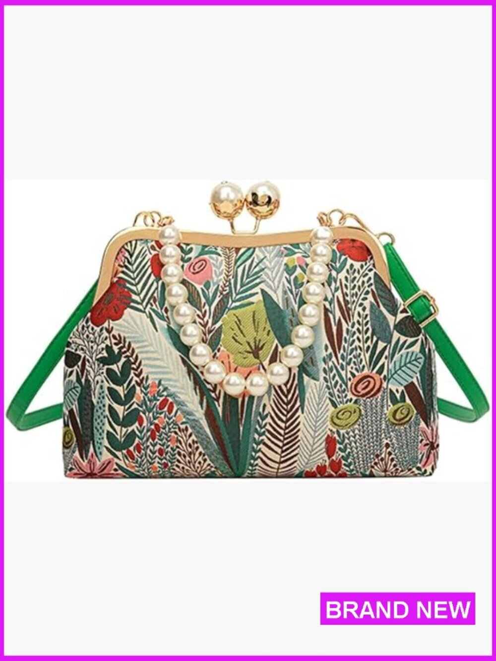 Vintage Embroidered Floral Crossbody Bag Pearl Chain Kiss Lock Clutch Shoulder